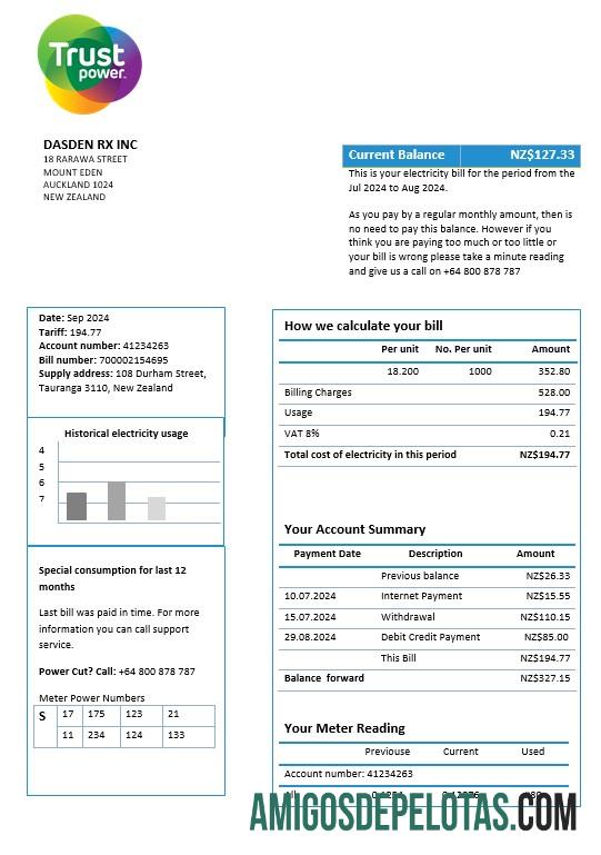 Em branco modelo de conta de serviços públicos Trustpower da Nova Zelândia em formatos Word e PDF